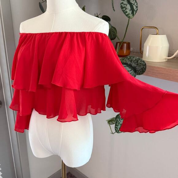 Show Me Your Mumu Copacabana Ruffle Crop Top Red XS Off Shoulder Boho Festival - Picture 4 of 8